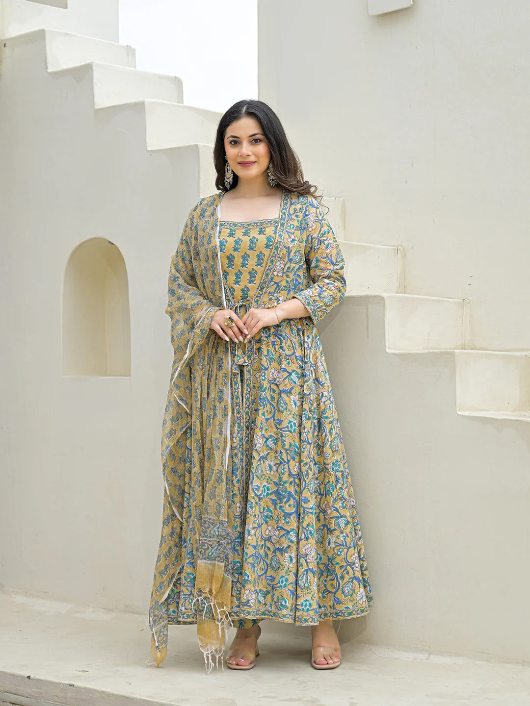 Beige Cotton Hand Block Anarkali Kurta Pant Sets Dupatta with Jecket