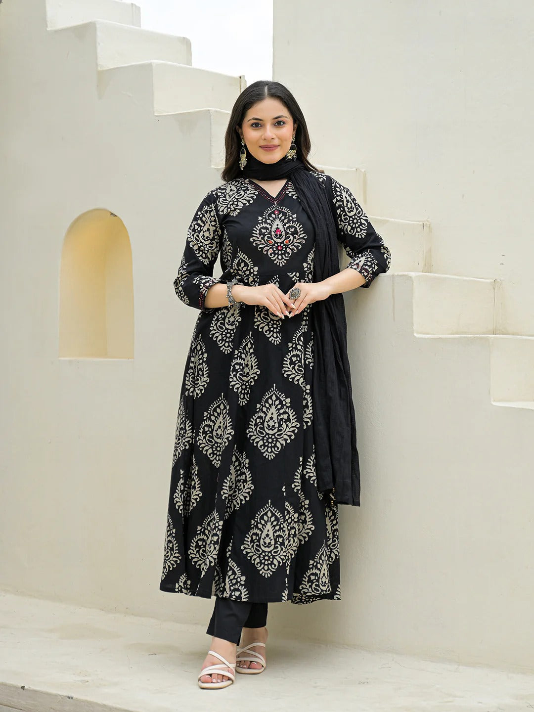 Black Cotton Anarkali kurta Pant Set with Dupatta