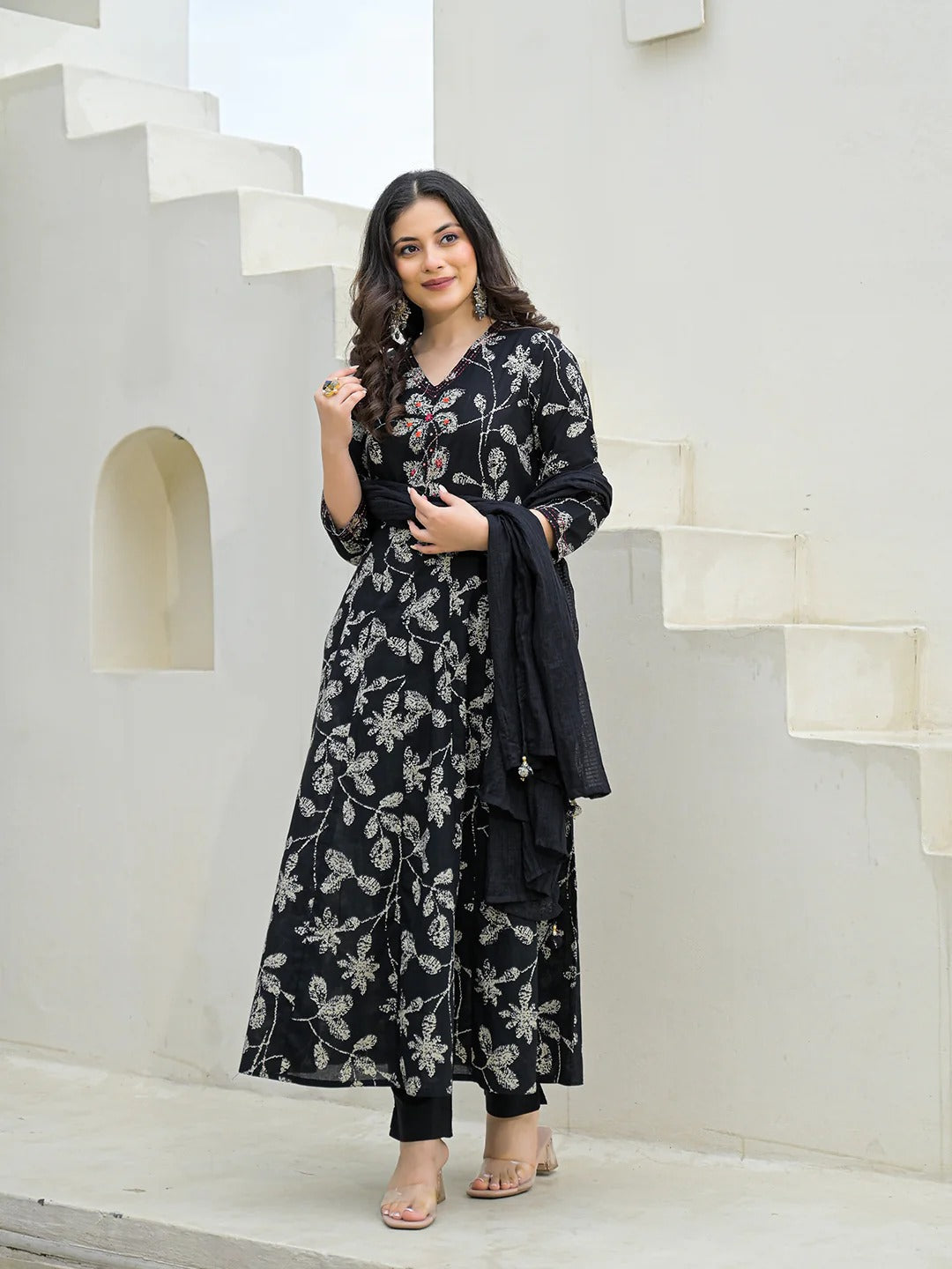 Black Cotton Anarkali kurta Pant Set with Dupatta