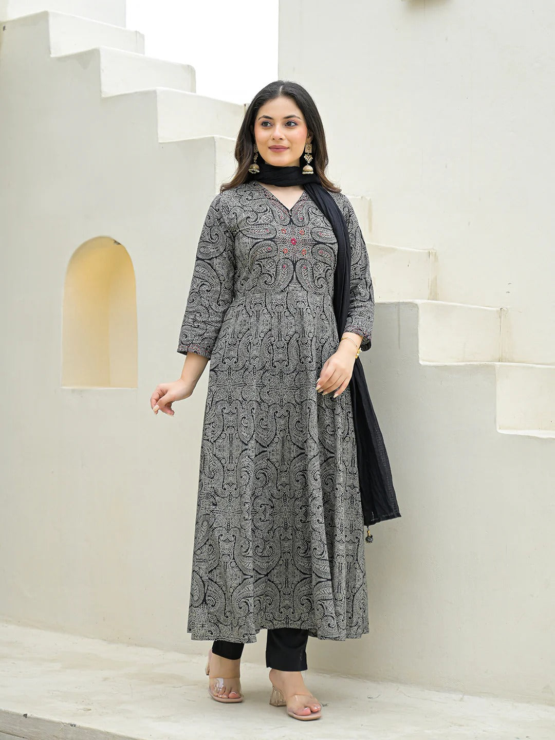 Black Cotton Anarkali kurta Pant Set with Dupatta