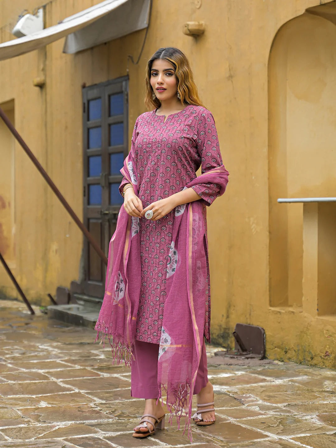 Pink Embroidered Cotton Straight Kurta Pant Set With Dupatta
