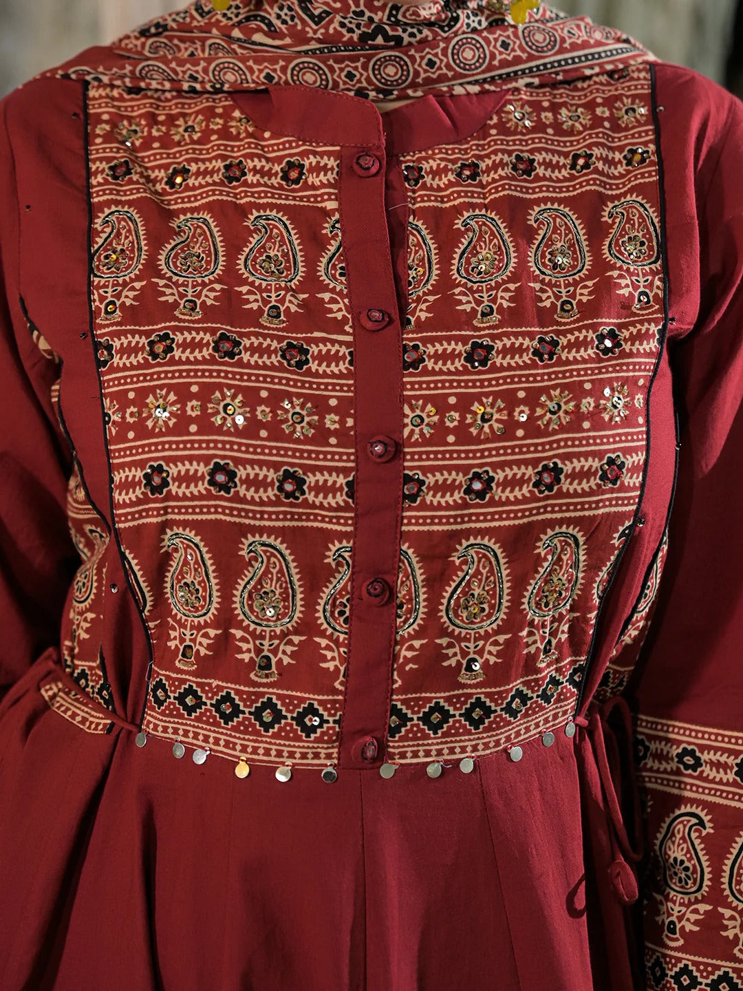 Red Paisley Print Cotton Anarkali Kurta Pant Set With Dupatta