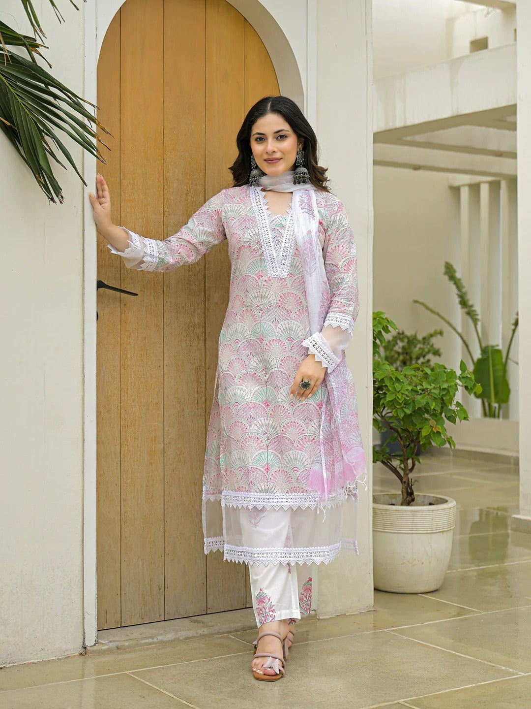 White Cotton Hand Block Straight Kurta Pant Sets With Dupatta
