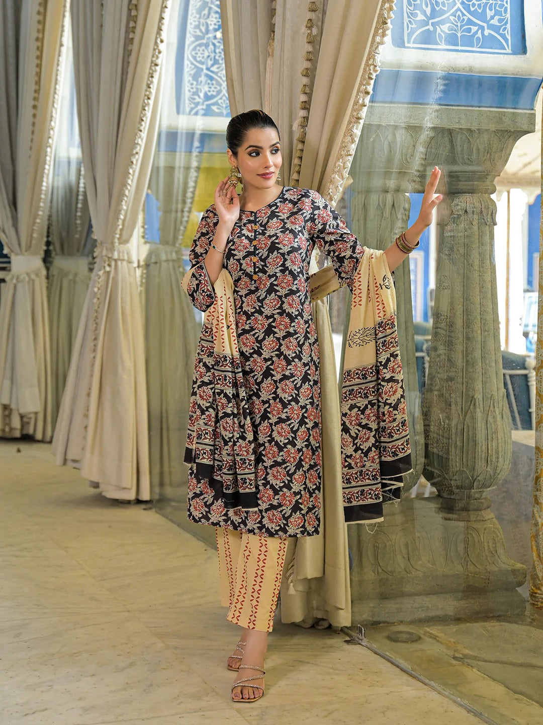 Black Hand Block Cotton Straight Kurta Pant With Dupatta