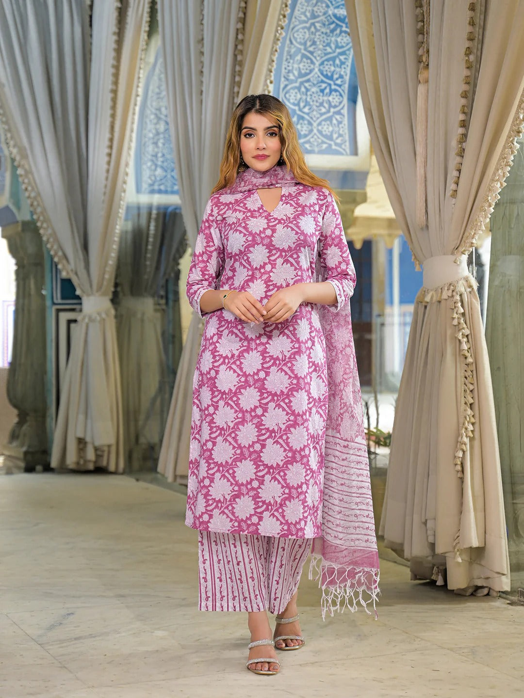 Pink Hand Block Cotton Straight Kurta Pant With Dupatta