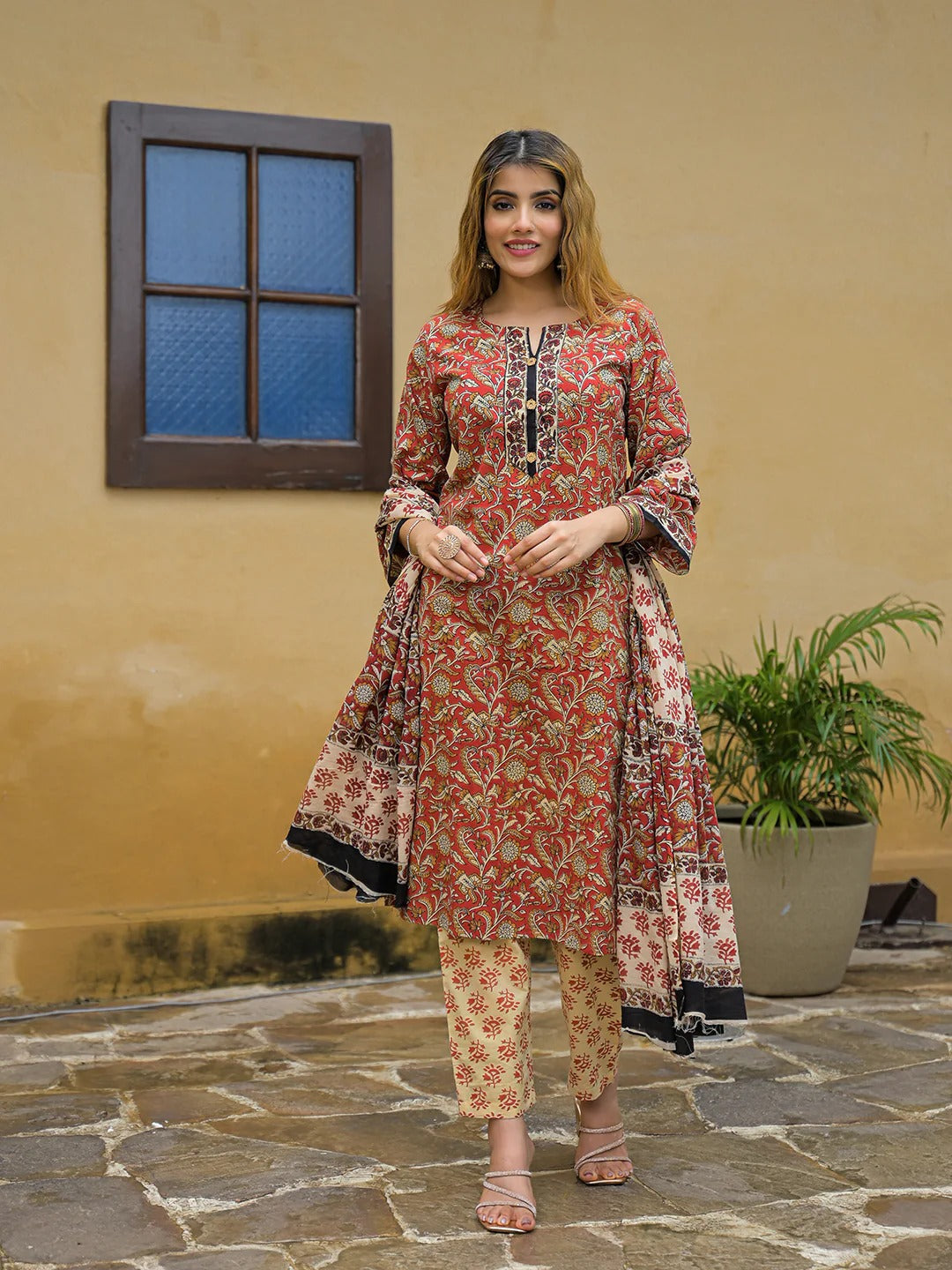 Maroon Hand Block Cotton Straight Kurta Pant With Dupatta