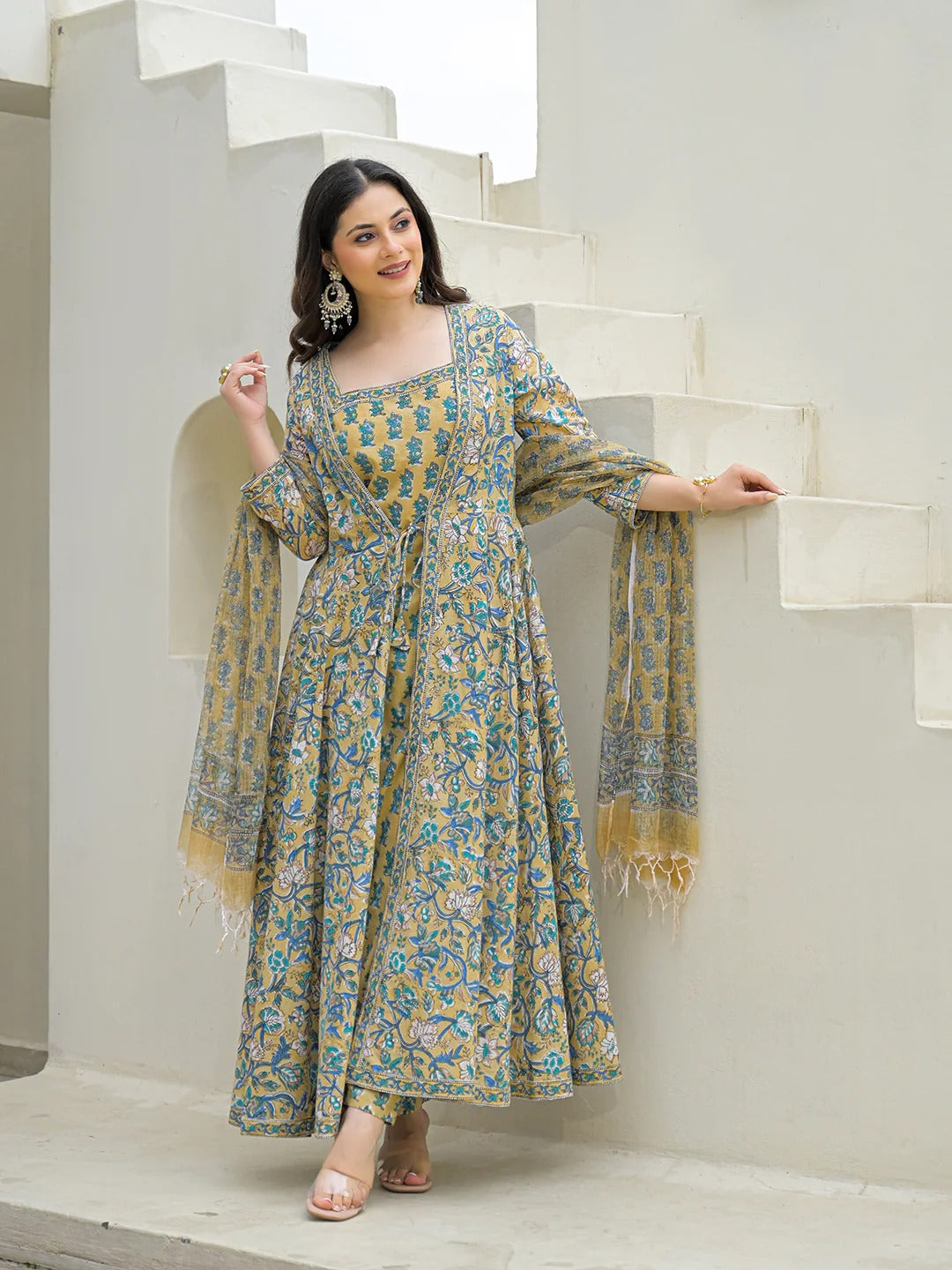 Beige Cotton Hand Block Anarkali Kurta Pant Sets Dupatta with Jecket