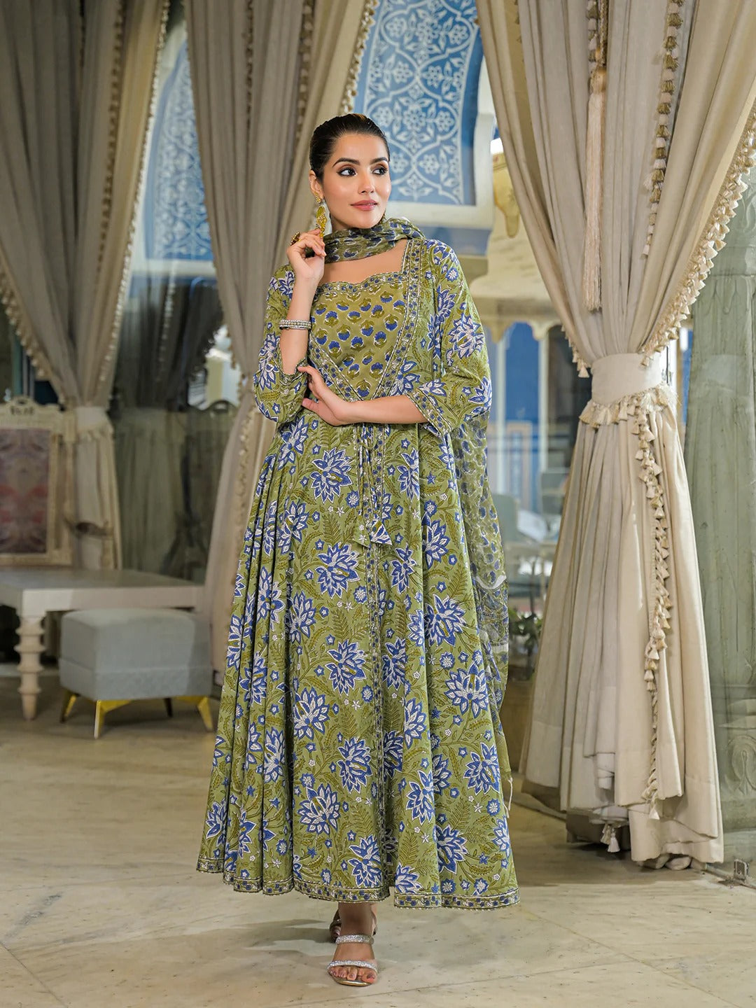 Green Hand Block Cotton Anarkali Kurta Pant With Dupatta & jacket