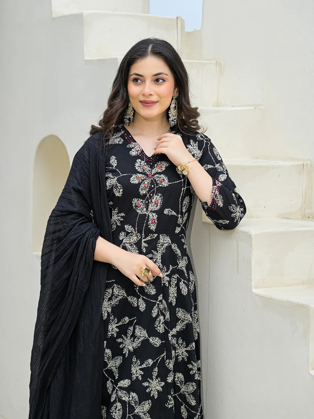 Black Cotton Anarkali kurta Pant Set with Dupatta