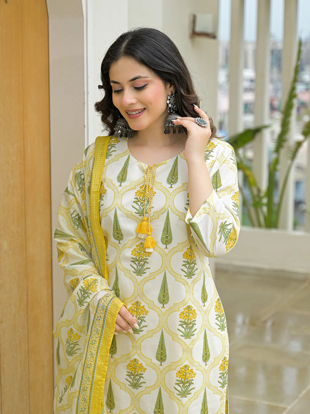 Yellow Cotton Straight Kurta Pant Set with Dupattta
