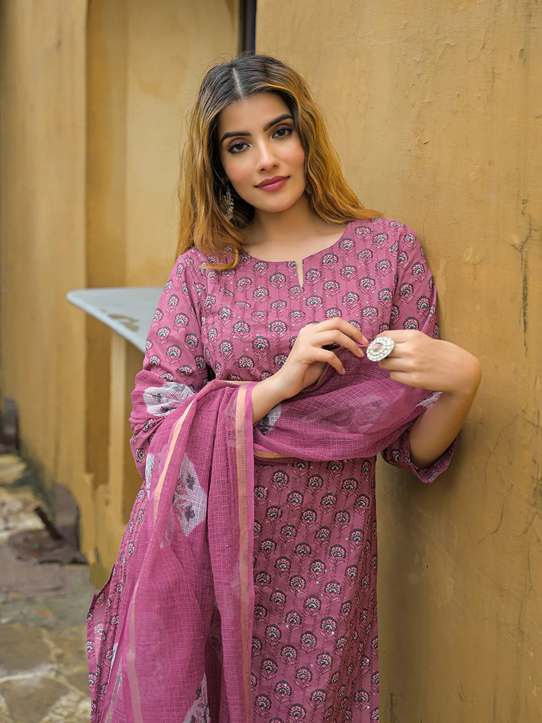 Pink Embroidered Cotton Straight Kurta Pant Set With Dupatta