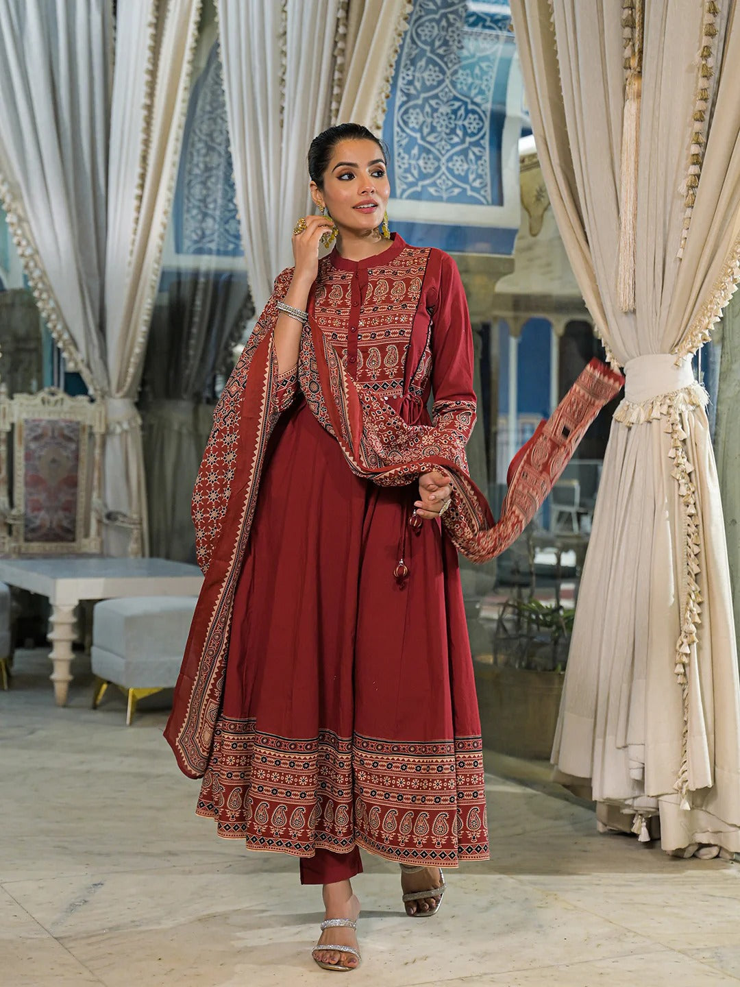Red Paisley Print Cotton Anarkali Kurta Pant Set With Dupatta