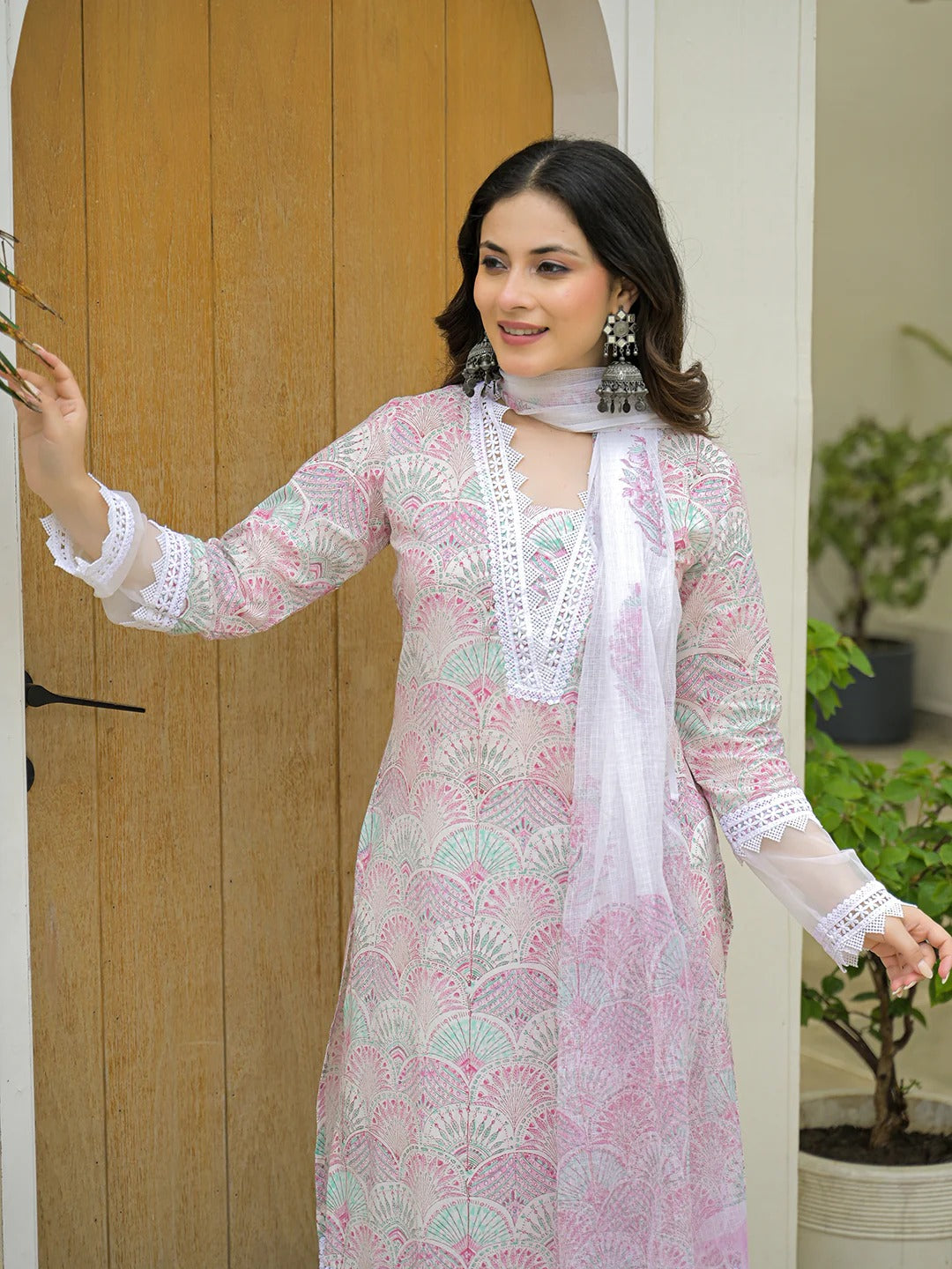 White Cotton Hand Block Straight Kurta Pant Sets With Dupatta
