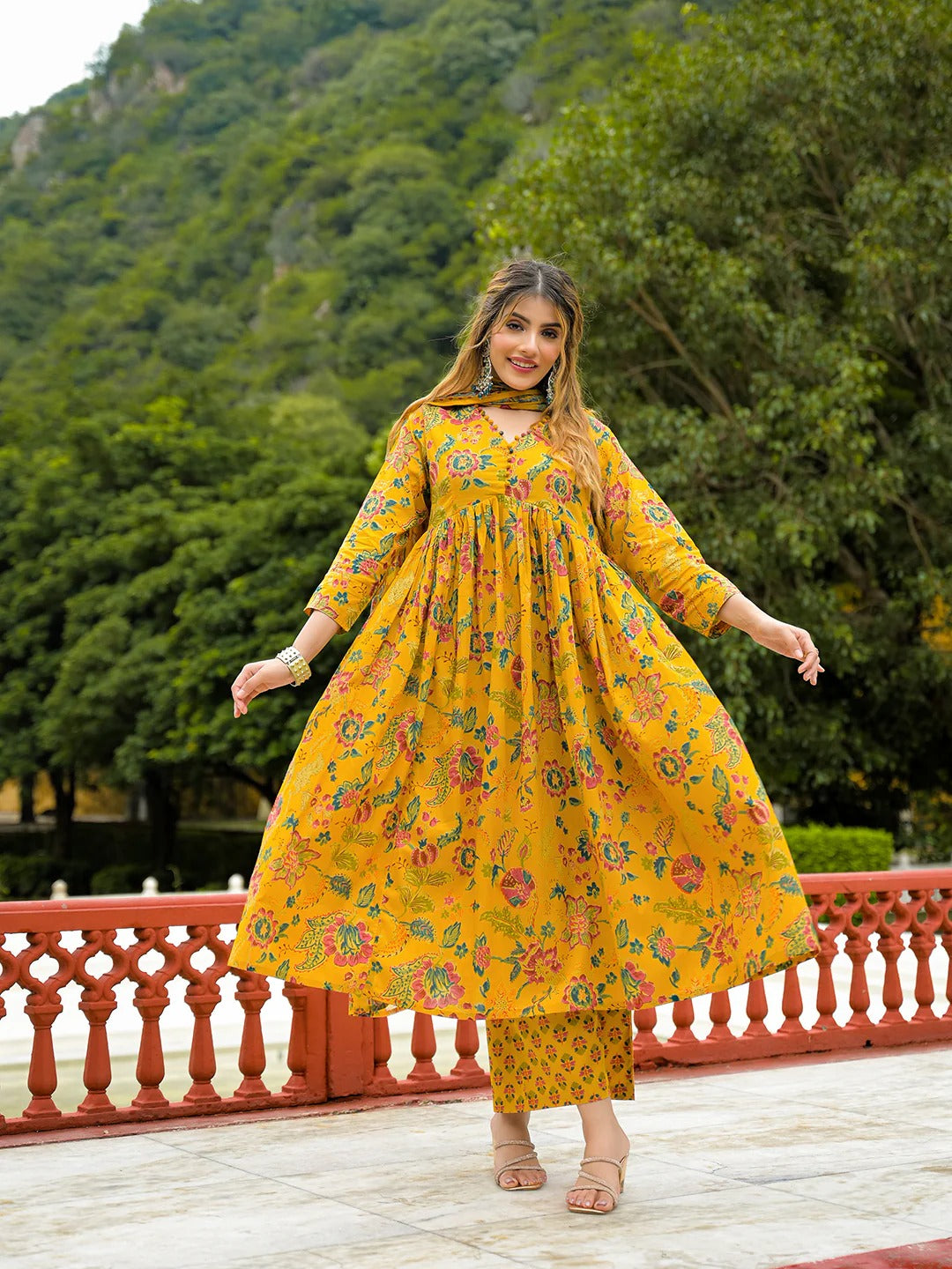 Mustard Floral Print Cotton Anarkali Kurta Pant Set With Dupatta