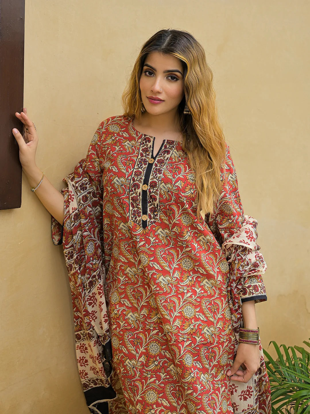 Maroon Hand Block Cotton Straight Kurta Pant With Dupatta