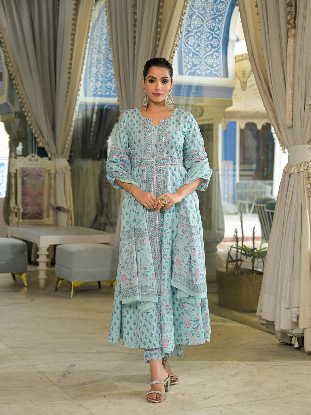 Sky Blue Ethnic Motif Cotton Anarkali Kurta Pant With Dupatta