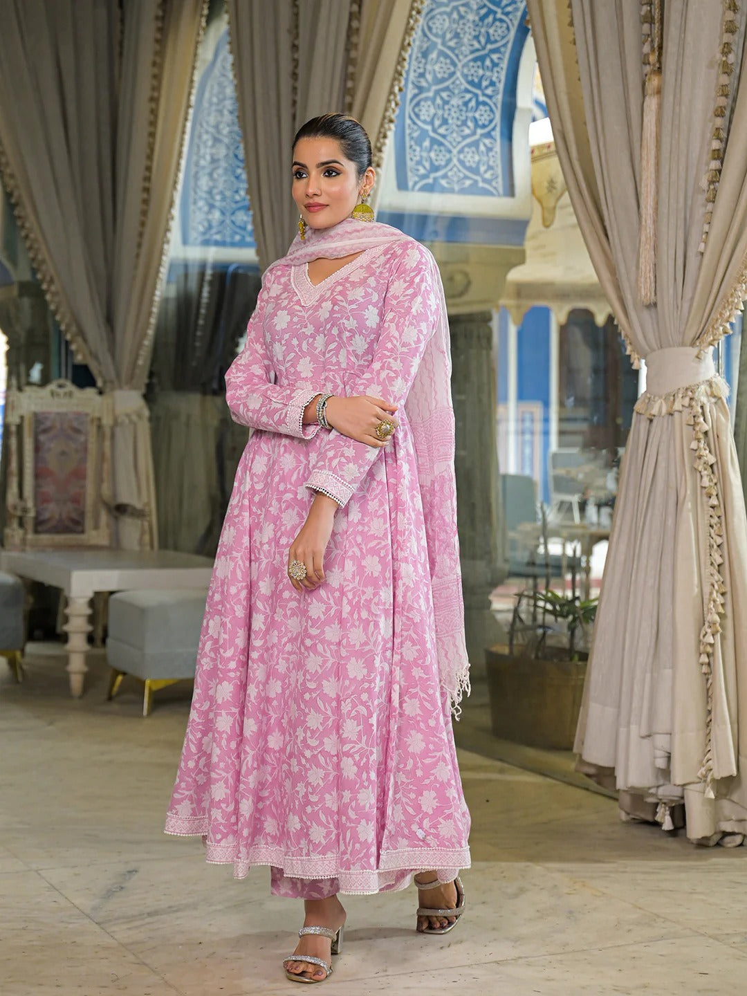 Pink Hand Block Cotton Anarkali Kurta Pant With Dupatta