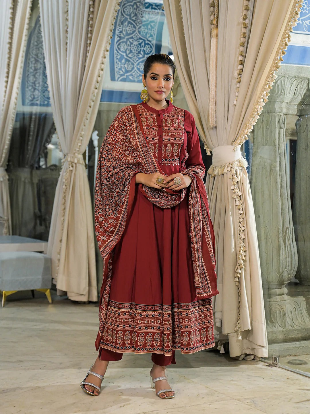 Red Paisley Print Cotton Anarkali Kurta Pant Set With Dupatta