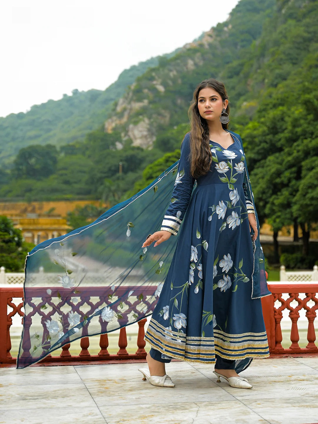 Blue Hand Painted Cotton Anarkali Kurta Pant With Dupatta