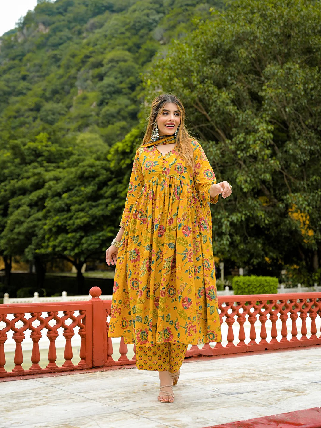 Mustard Floral Print Cotton Anarkali Kurta Pant Set With Dupatta