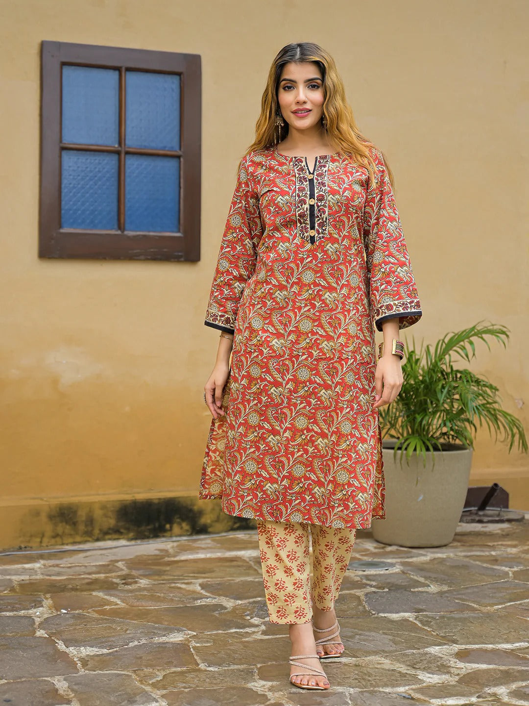 Maroon Hand Block Cotton Straight Kurta Pant With Dupatta