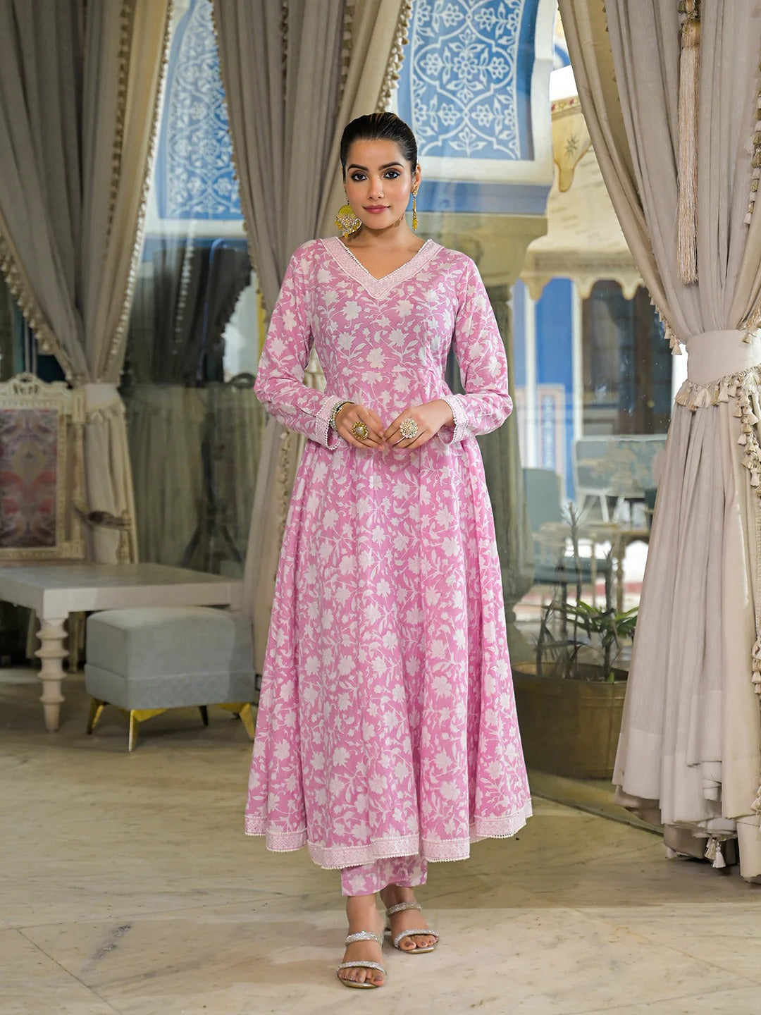 Pink Hand Block Cotton Anarkali Kurta Pant With Dupatta