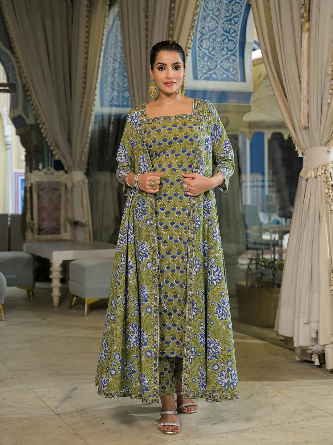 Green Hand Block Cotton Anarkali Kurta Pant With Dupatta & jacket