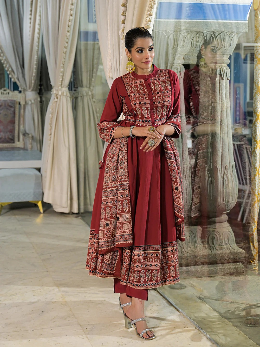 Red Paisley Print Cotton Anarkali Kurta Pant Set With Dupatta