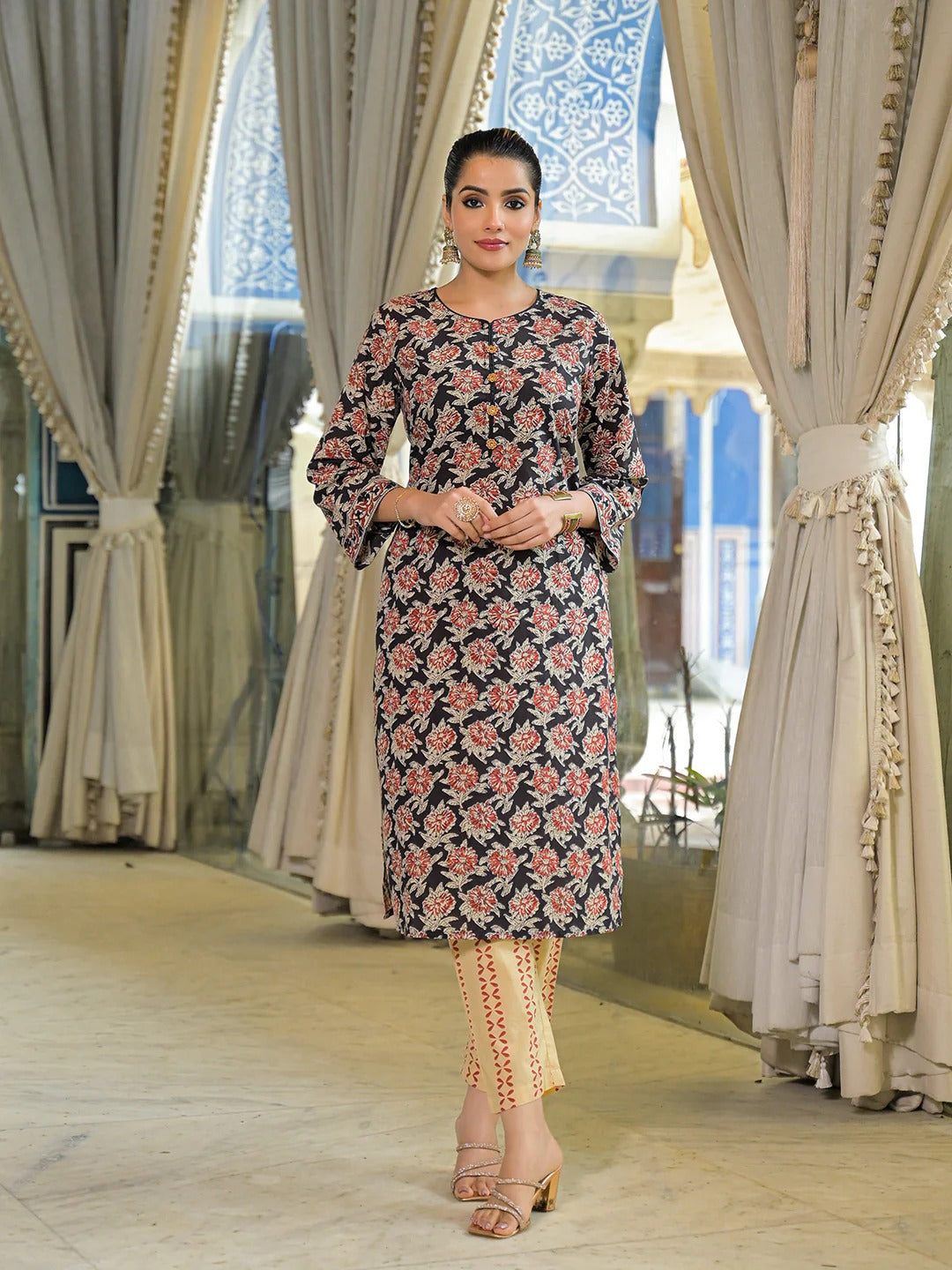 Black Hand Block Cotton Straight Kurta Pant With Dupatta