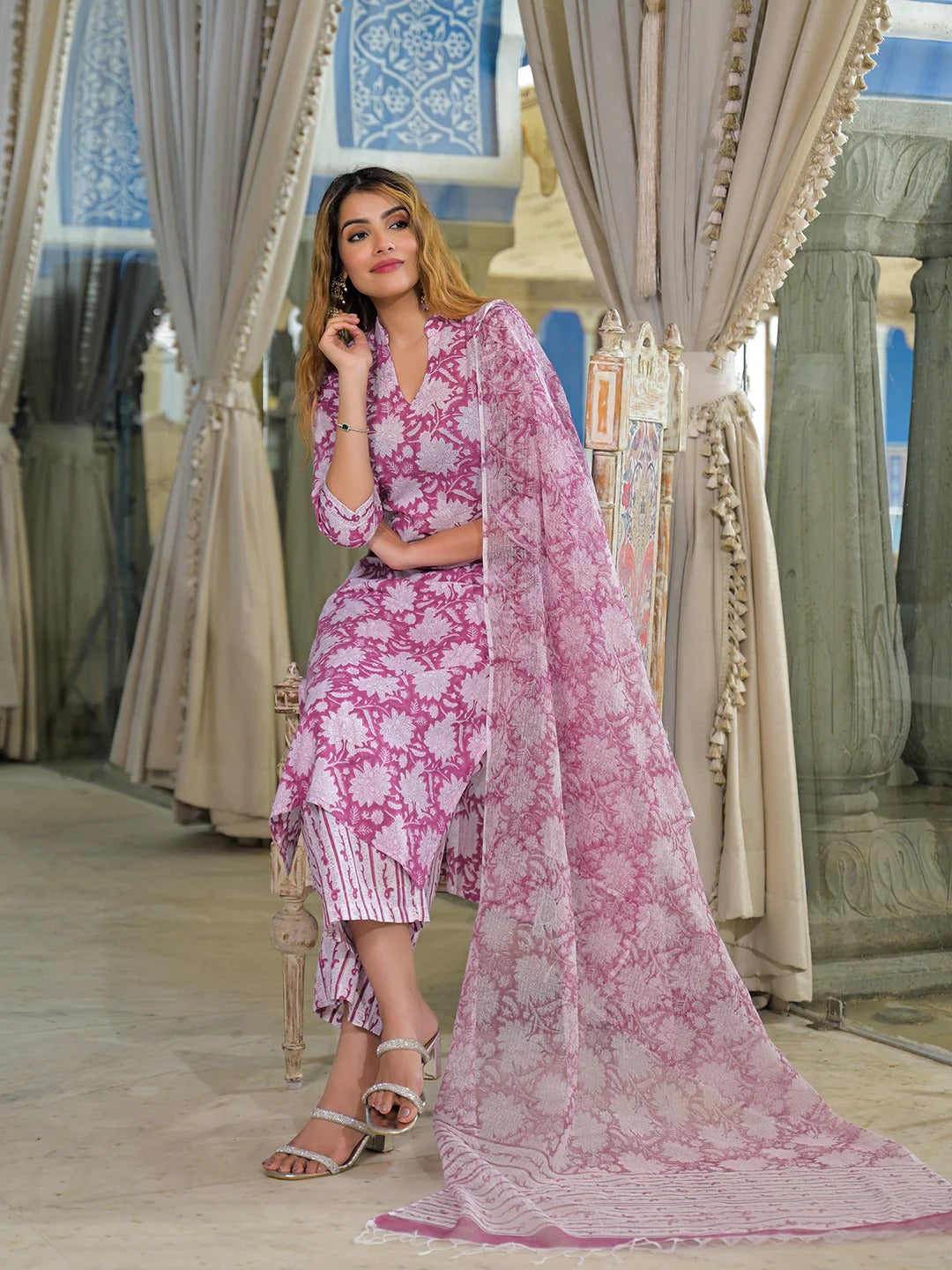 Pink Hand Block Cotton Straight Kurta Pant With Dupatta