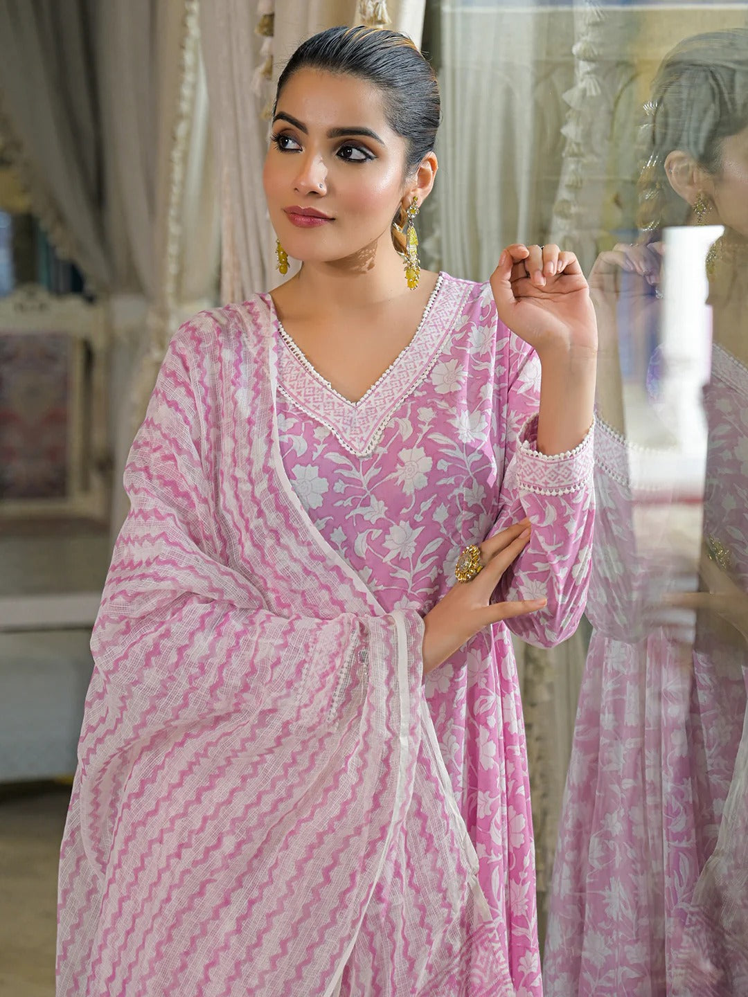 Pink Hand Block Cotton Anarkali Kurta Pant With Dupatta