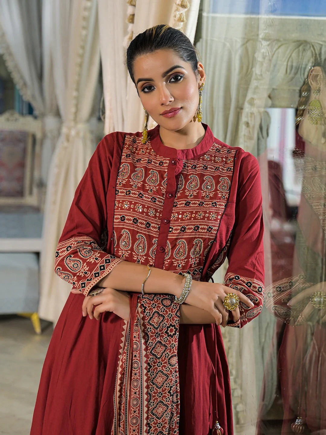 Red Paisley Print Cotton Anarkali Kurta Pant Set With Dupatta