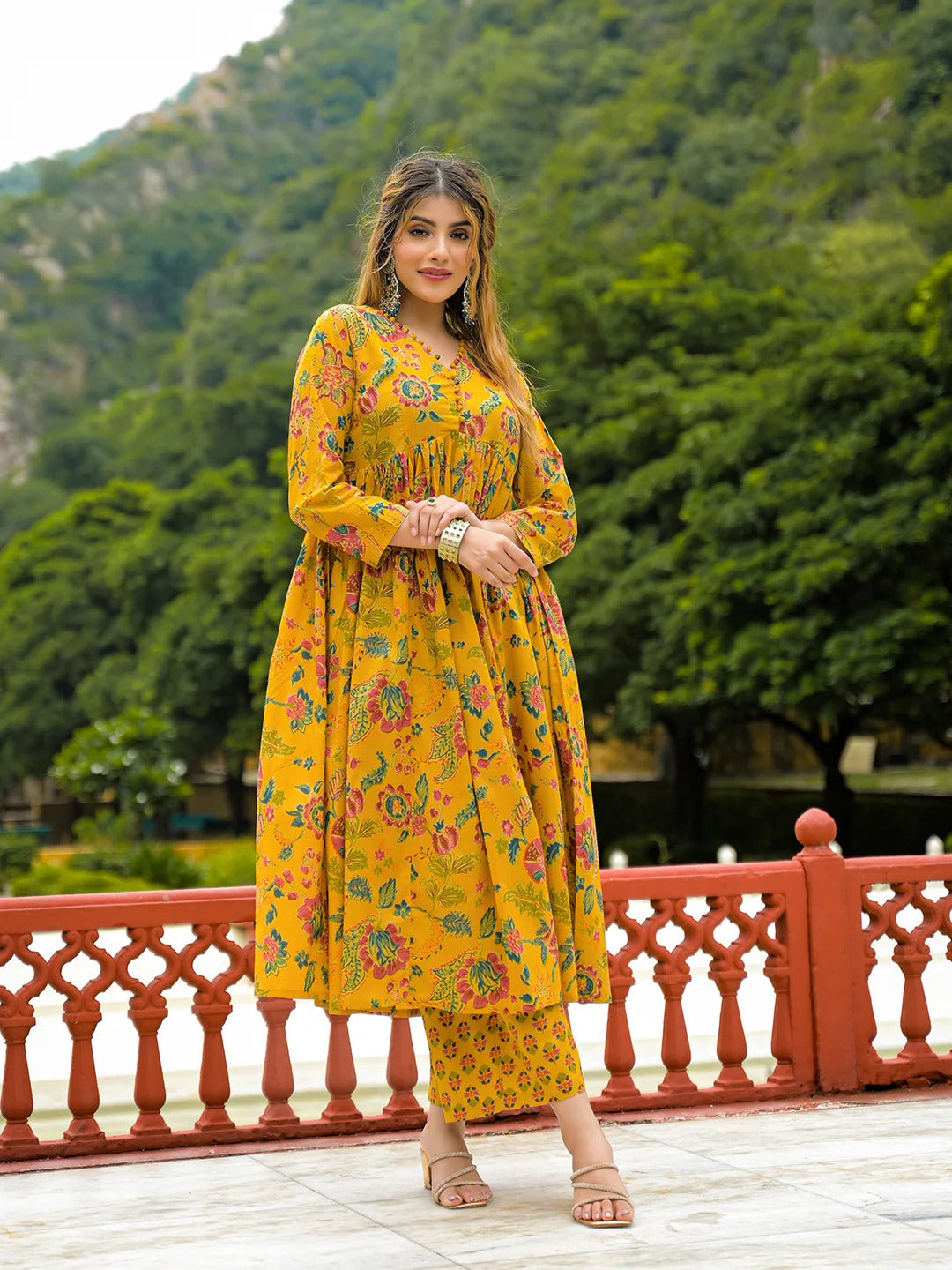Mustard Floral Print Cotton Anarkali Kurta Pant Set With Dupatta