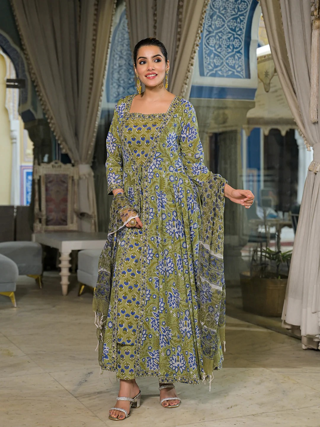 Green Hand Block Cotton Anarkali Kurta Pant With Dupatta & jacket