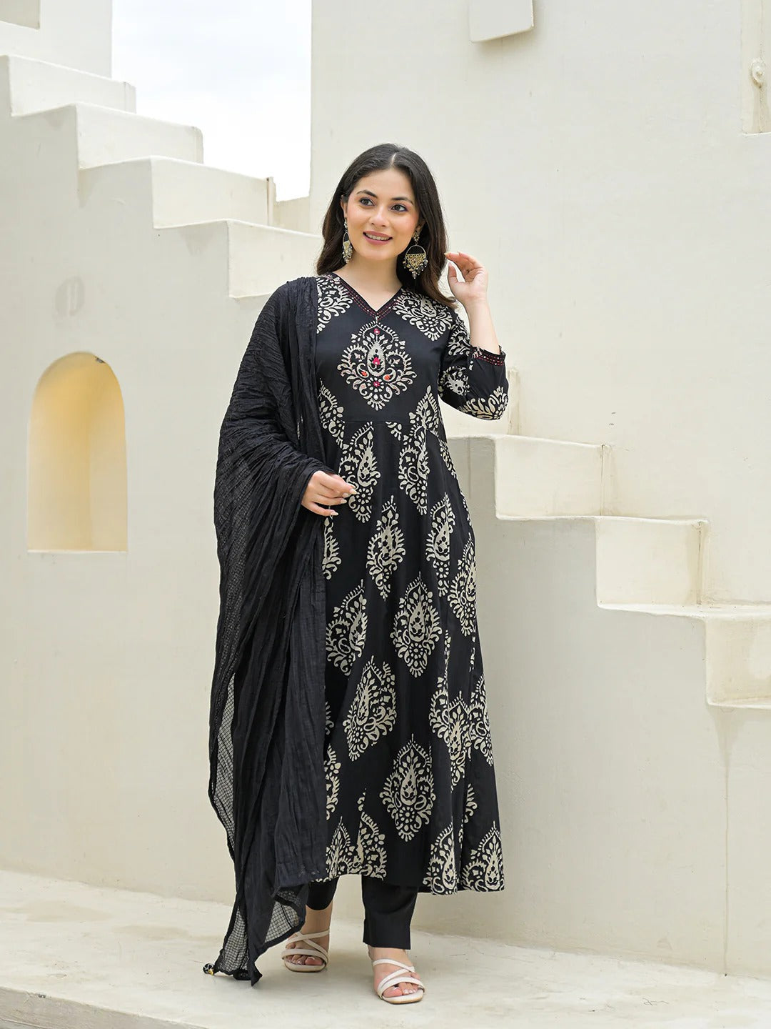 Black Cotton Anarkali kurta Pant Set with Dupatta
