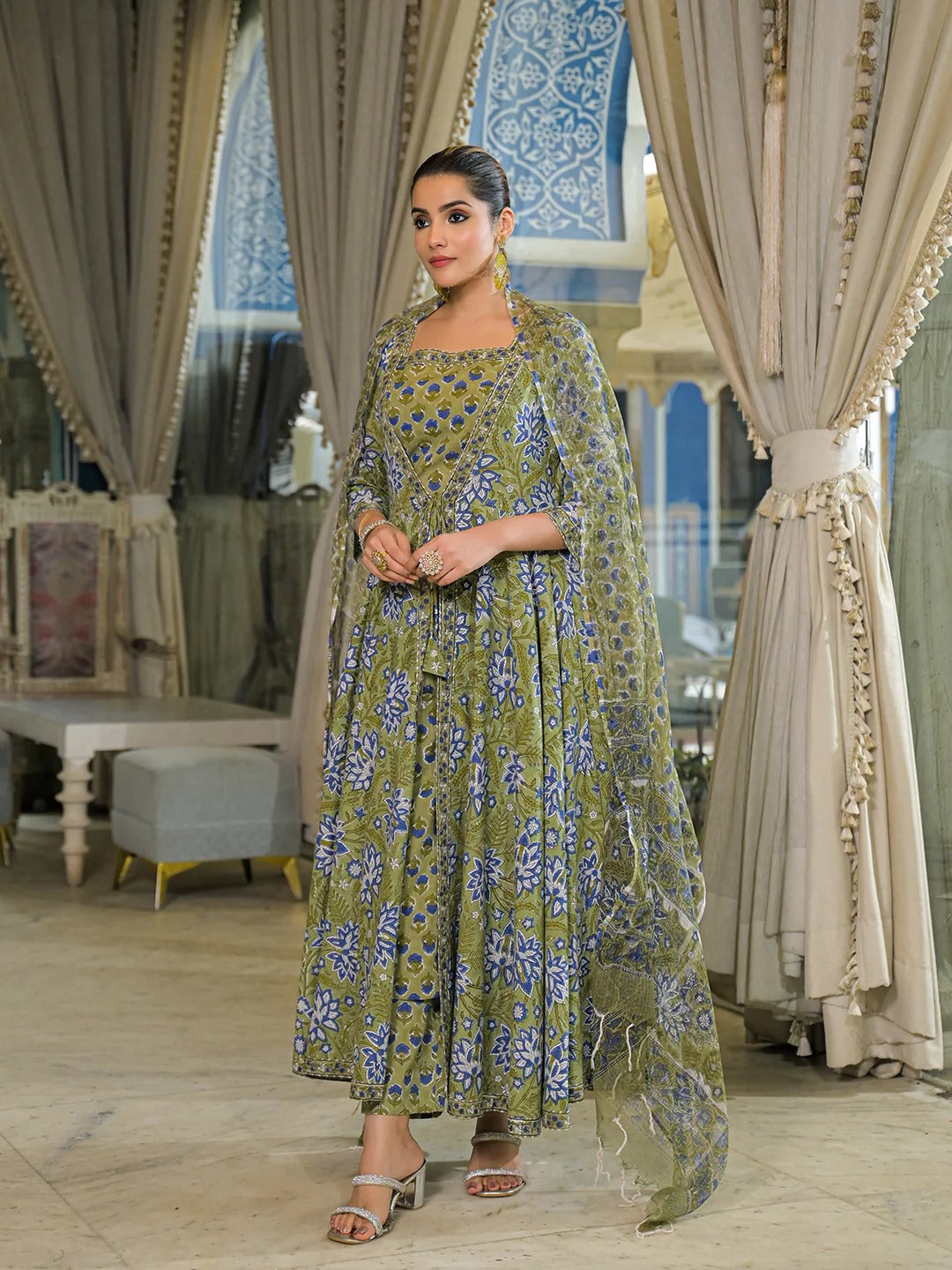 Green Hand Block Cotton Anarkali Kurta Pant With Dupatta & jacket
