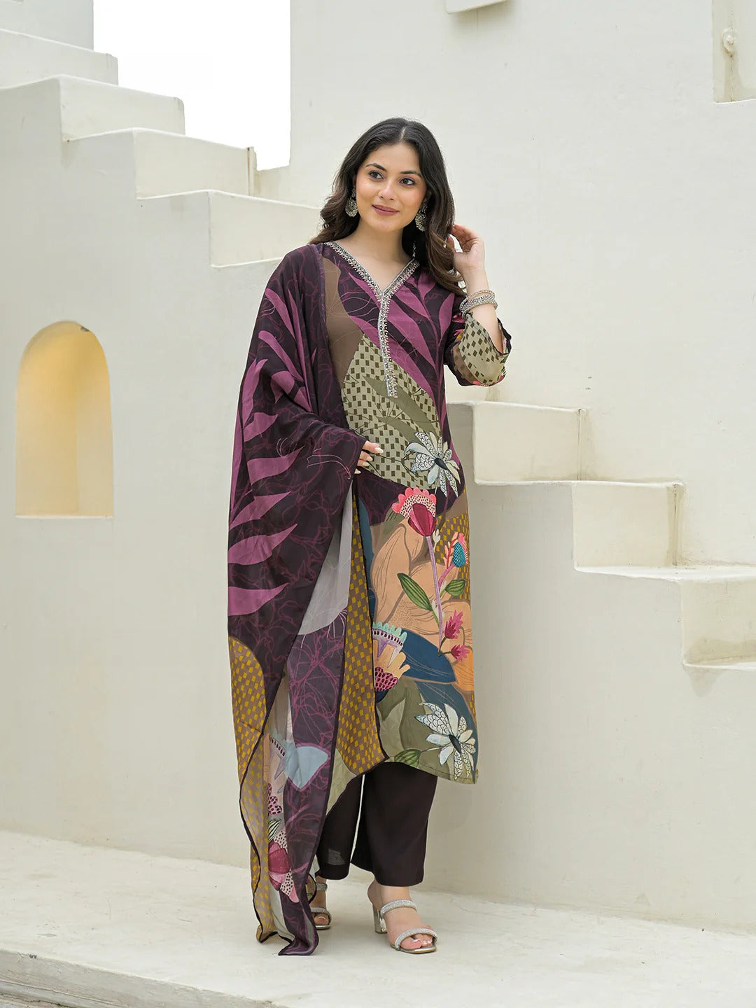 Purple Pure Crepe Digital Print Kurta Pant Set With Dupatta