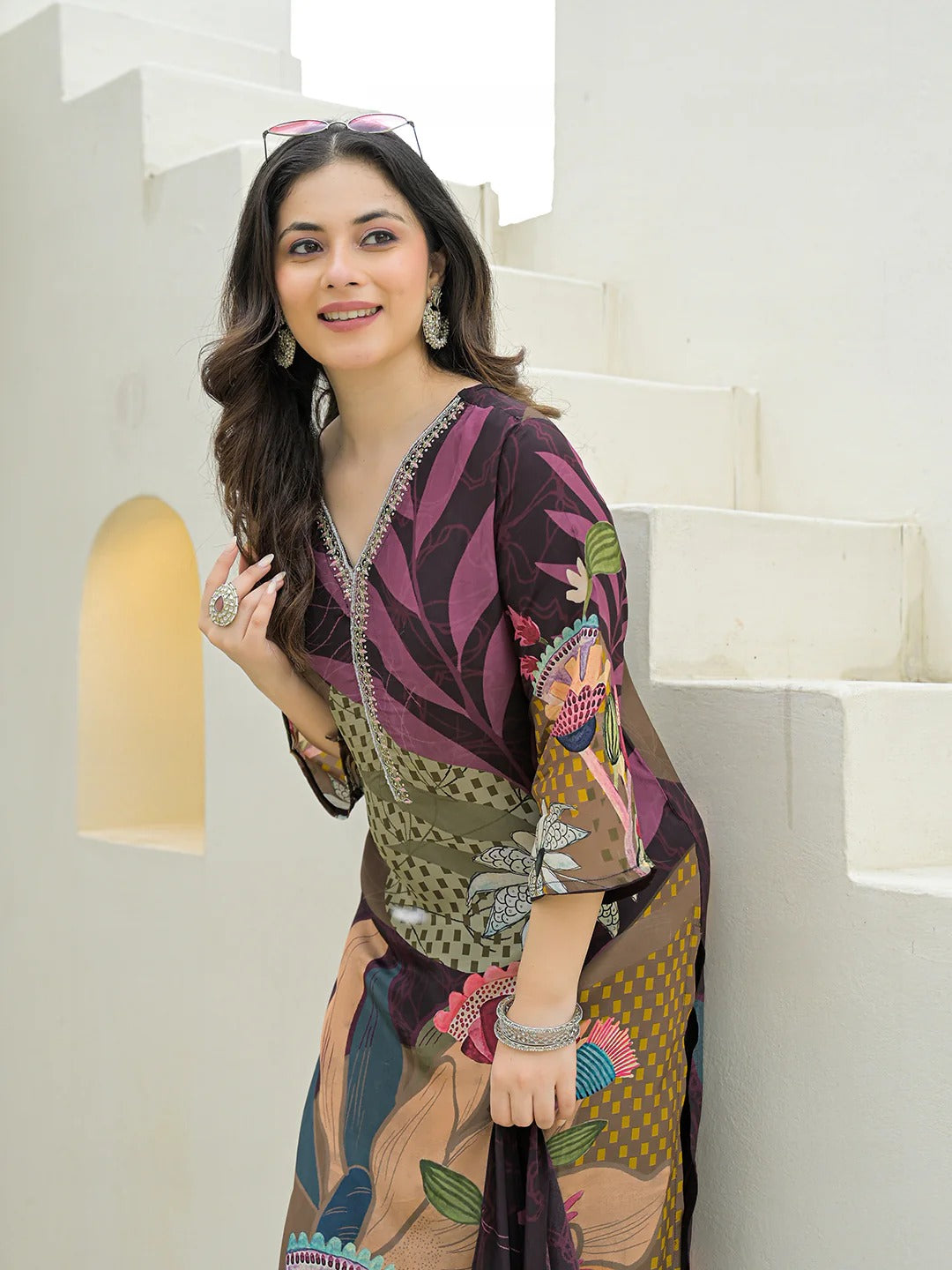 Purple Pure Crepe Digital Print Kurta Pant Set With Dupatta