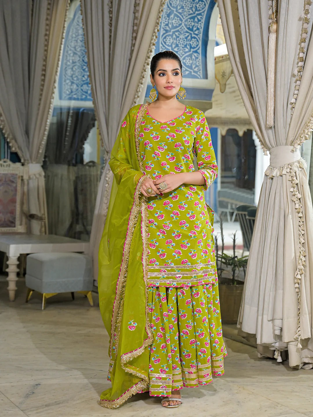Green Cotton Kurti Lehenga Sets With Dupatta