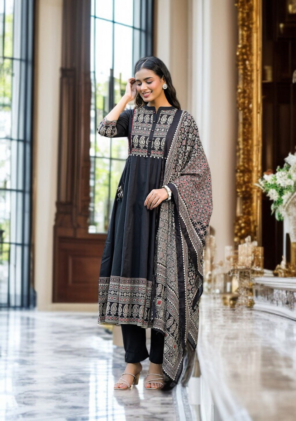 Black Paisley Print Cotton Anarkali Kurta Sets With Dupatta