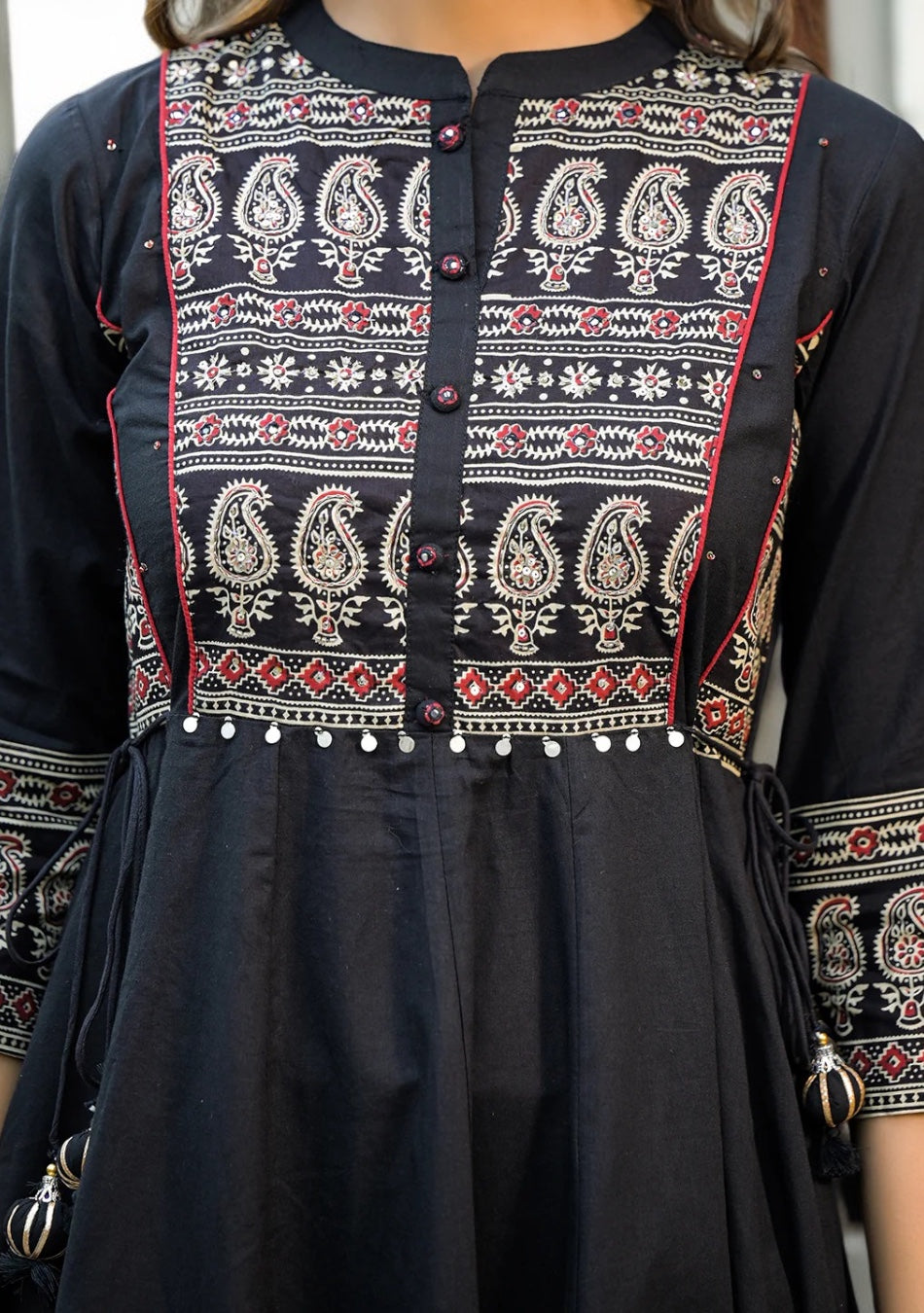 Black Paisley Print Cotton Anarkali Kurta Sets With Dupatta