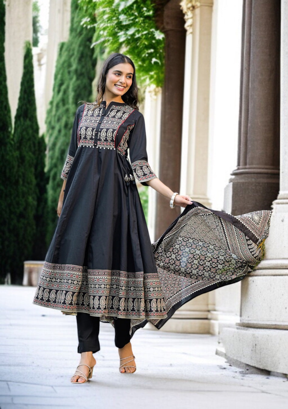 Black Paisley Print Cotton Anarkali Kurta Sets With Dupatta