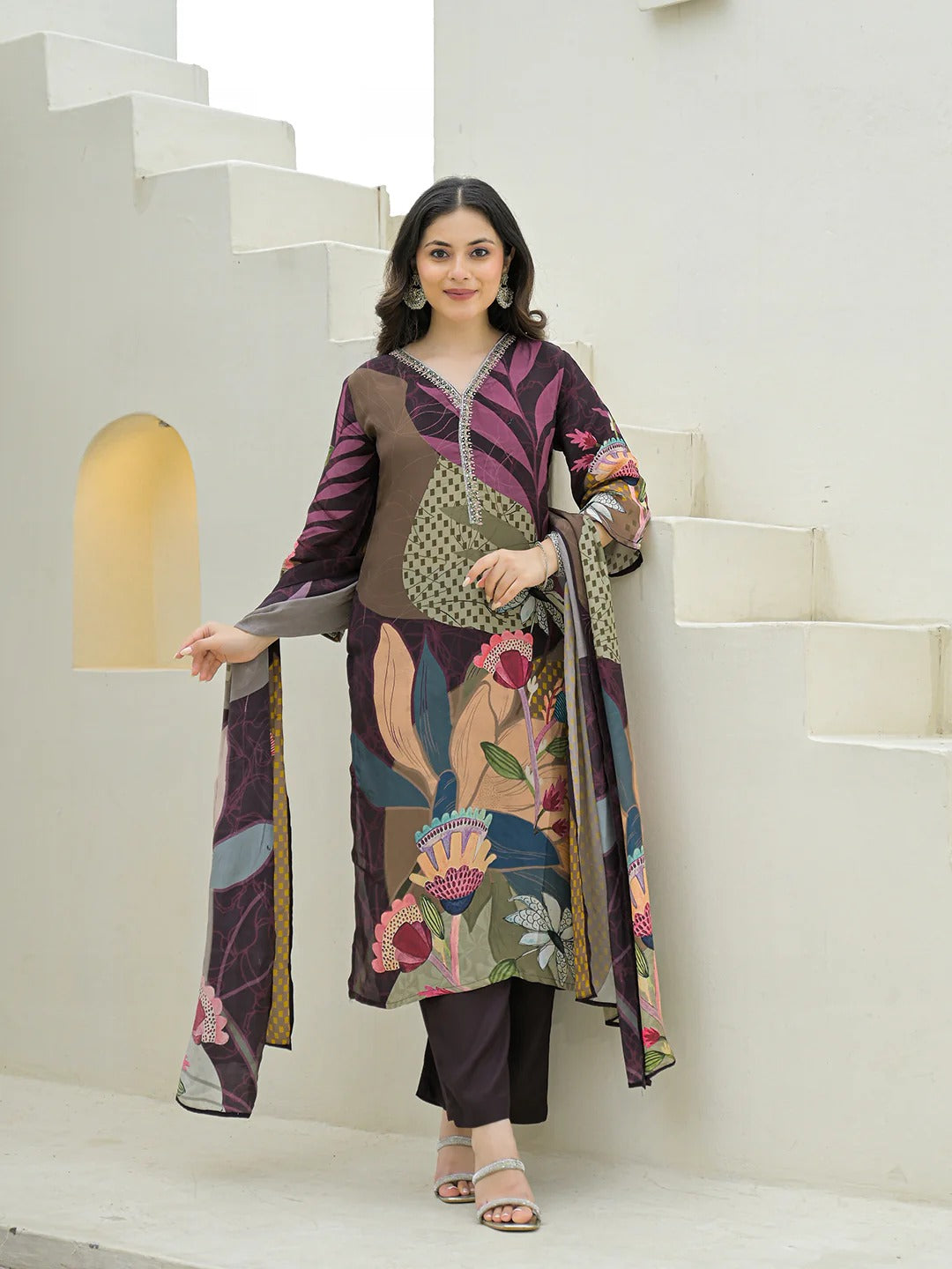 Purple Pure Crepe Digital Print Kurta Pant Set With Dupatta