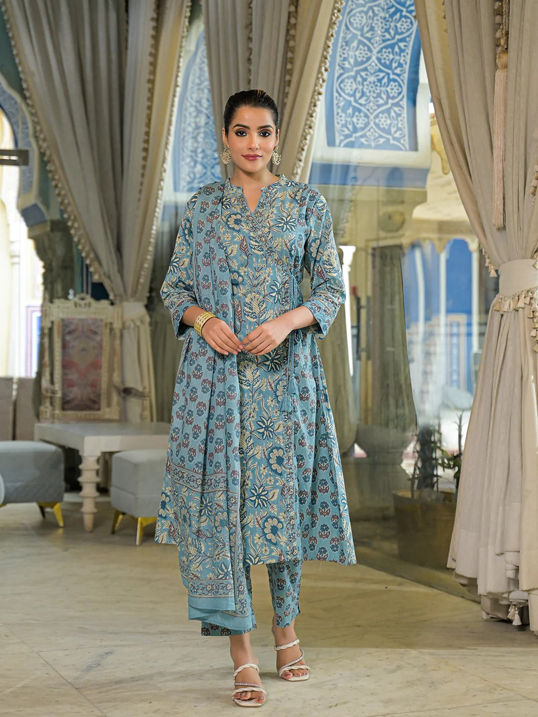 Blue Floral Print Cotton A-Line Kurta Pant With Dupatta