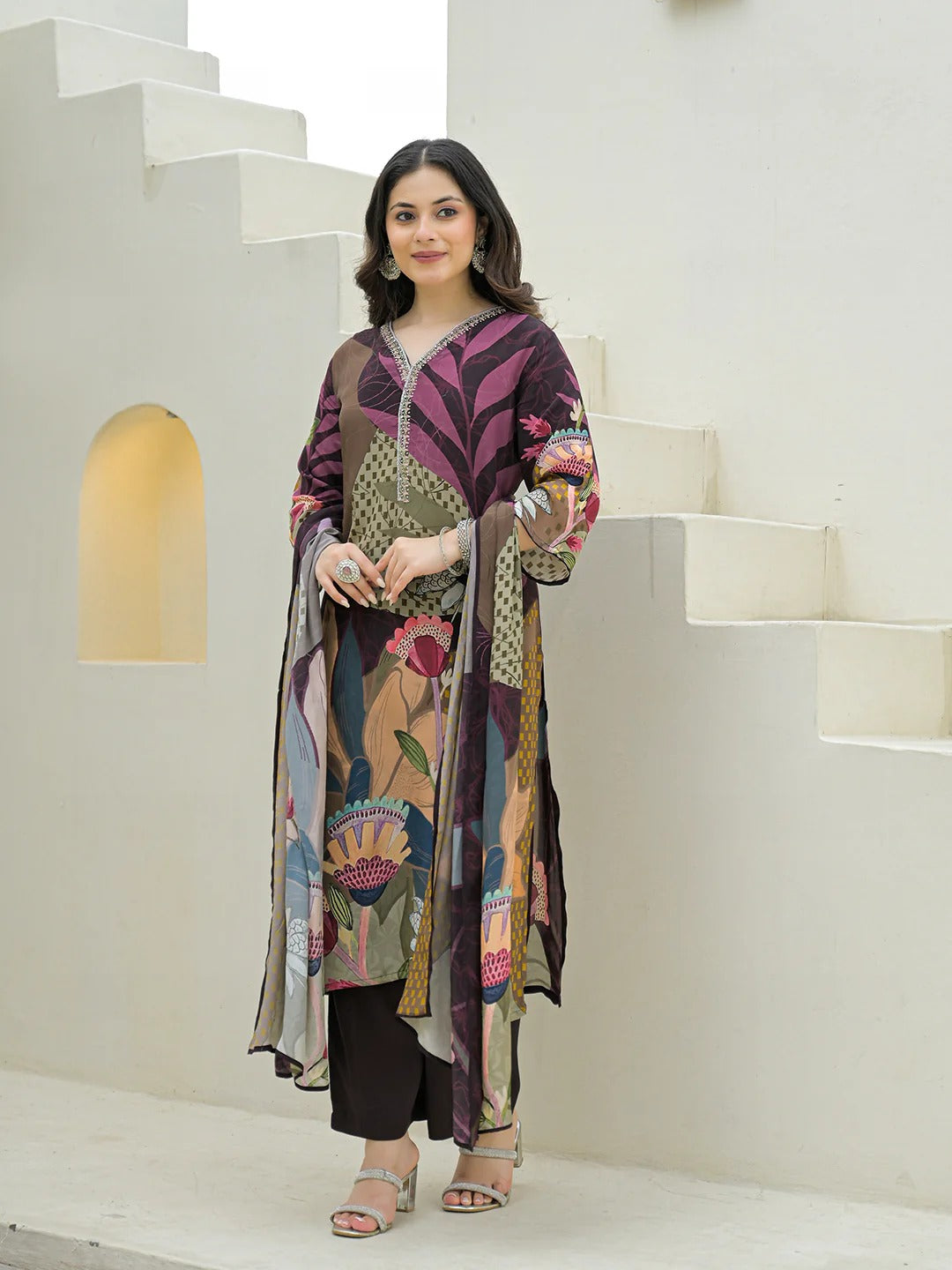 Purple Pure Crepe Digital Print Kurta Pant Set With Dupatta