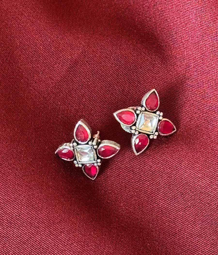 Snowy Ruby Petal Stud Earrings