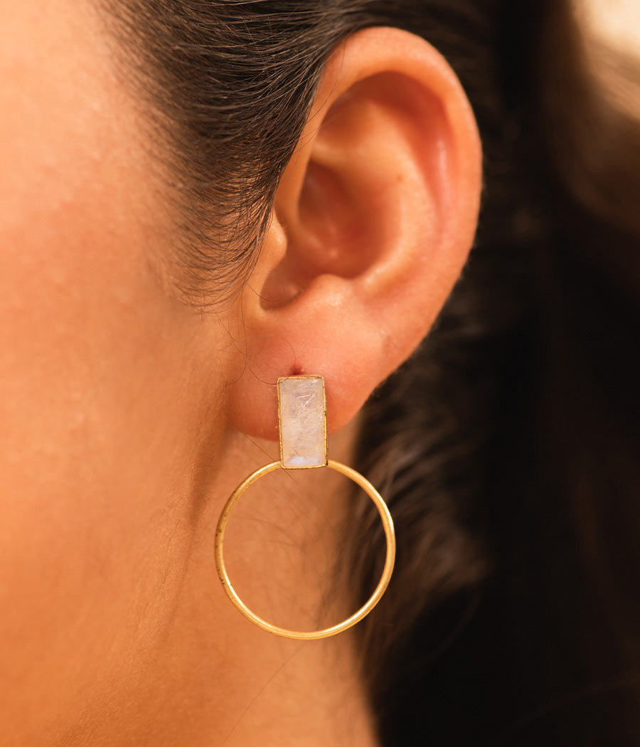 Rainbow Moonstone Loop Earrings with Gold Plating
