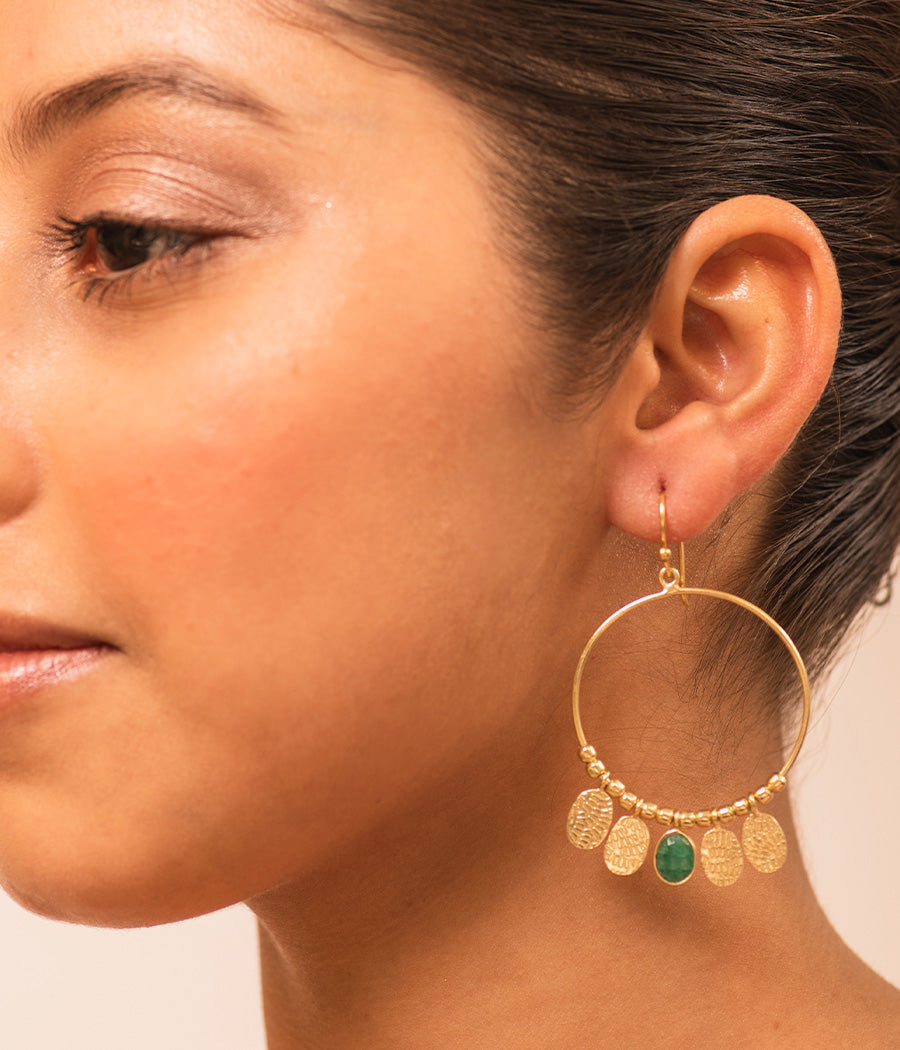 Gold Loop Beaded Earrings with Emerald