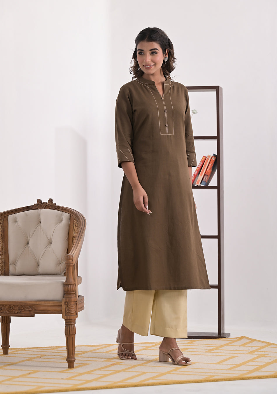 Mocha Solid Cotton Kurta