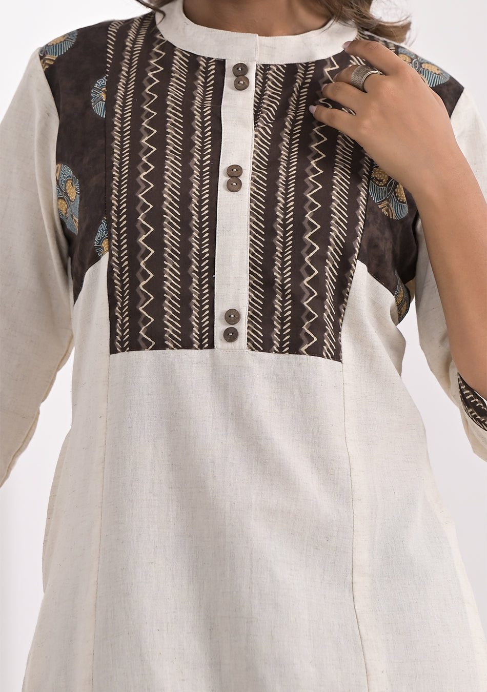Cream Solid Kurta with Patchwork
